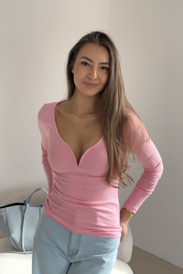 Gładka bluzka z dekoltem V róż