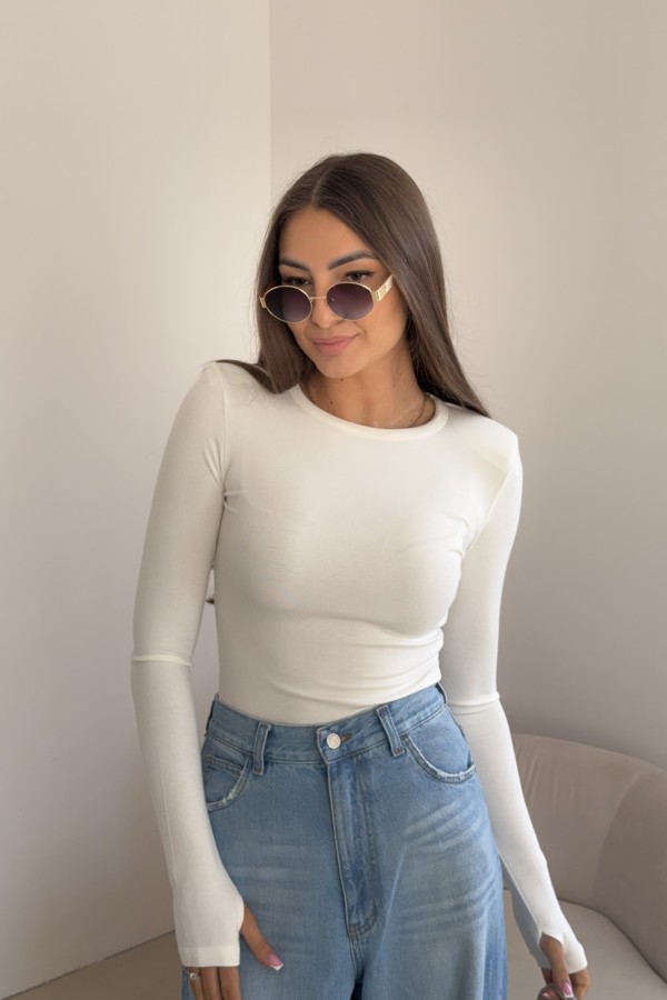 Gładka bluzka z długim rękawem i poduchami na palec biała