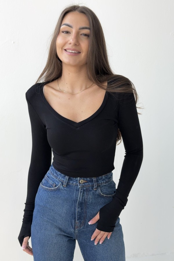 Gładka bluzka z długim rękawem i poduchami dekolt V na palec czarna