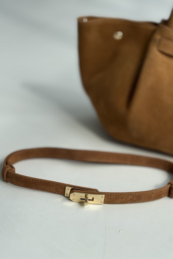 Pasek ze skóry naturalnej ze złotą klamrą zamszowy brązowy