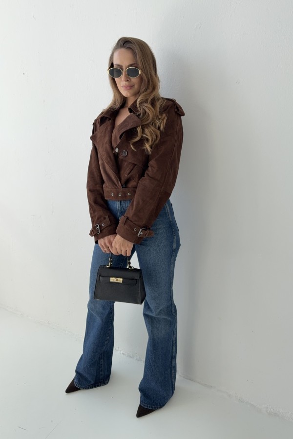 Kurtka ze skóry naturalnej zamszowej brązowa