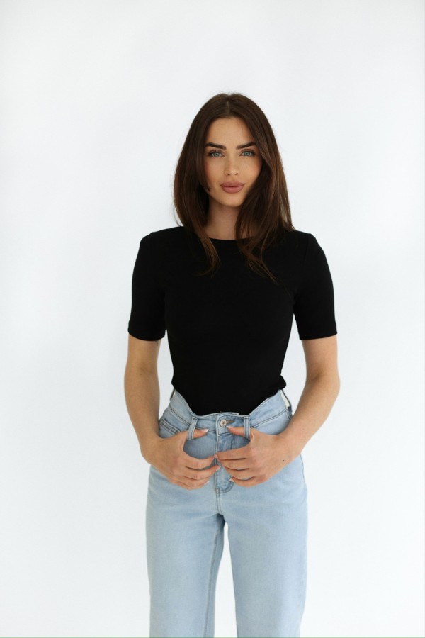 Gładka bluzka basic z krótkim rękawem i poduchami czarna