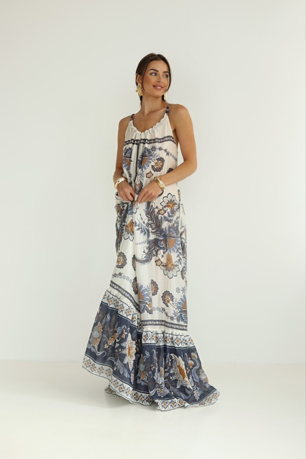 Sukienka Slavic w print biało-niebieska