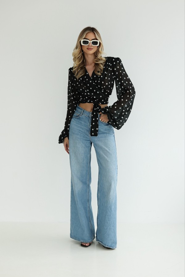 Krótka bluzka z wiązaniem szyfonowa w kropki