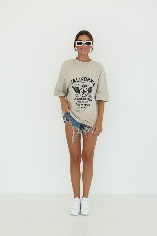 T-shirt z nadrukiem California beżowy melanż