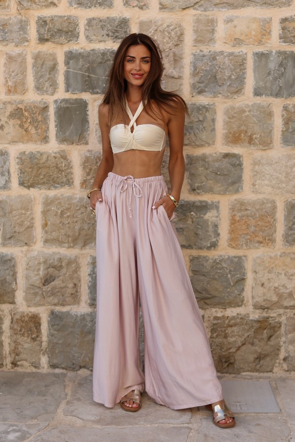 Spodnie Capri z wiskozy i jedwabiu prosta nogawka z kieszeniami i wiązaniem pudrowo-różowe