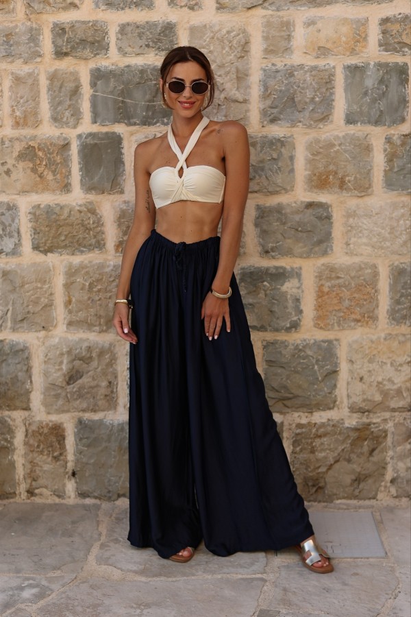 Spodnie Capri z wiskozy i jedwabiu prosta nogawka z kieszeniami i wiązaniem granatowe