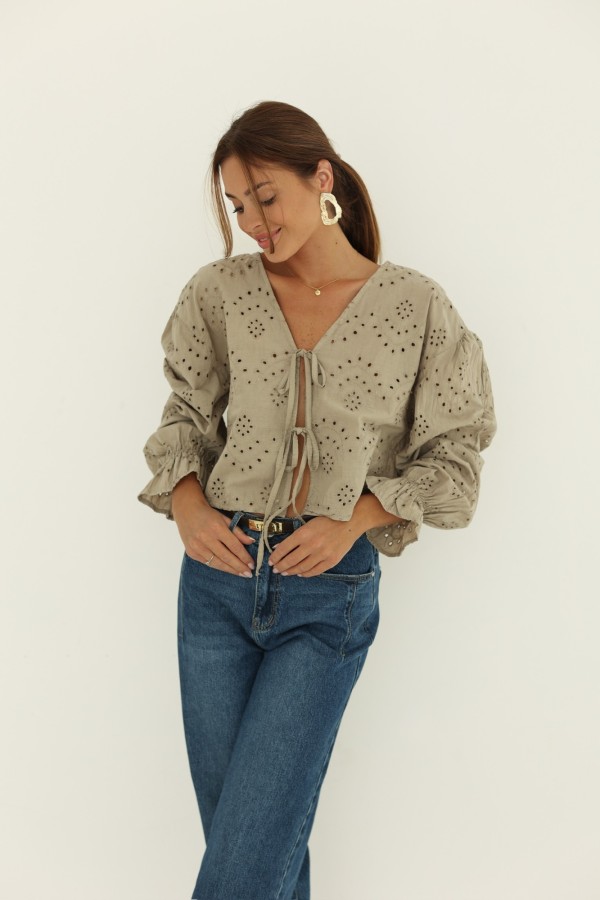 Ażurowa bluzka z długim rękawem Vanessa beżowa