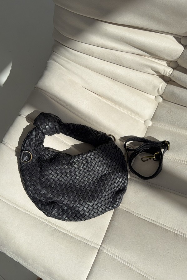 Torebka pleciona skórzana Vintage midi czarna