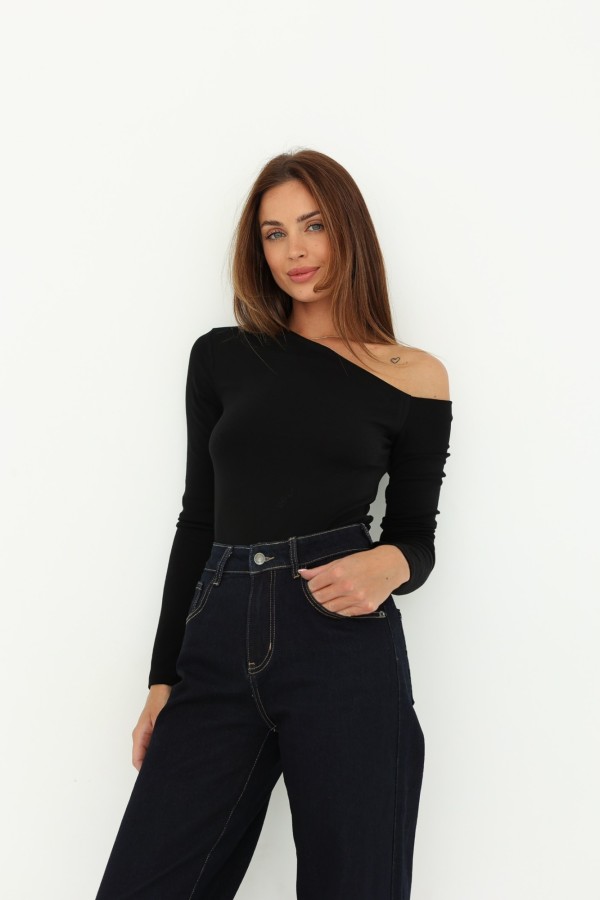 Gładka bluzka na jedno ramię czarna