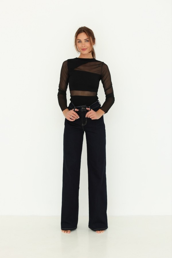 Gładka bluzka ze wstawkami i rękawami z siateczki czarna