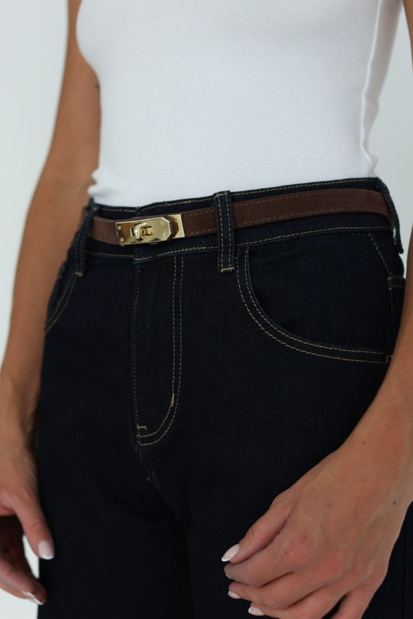 Pasek ze skóry naturalnej ze złotą klamrą zamszowy czekolada