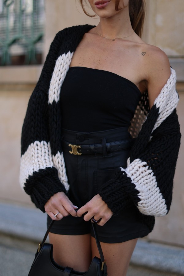 Kardigan grubo pleciony beżowo-czarny