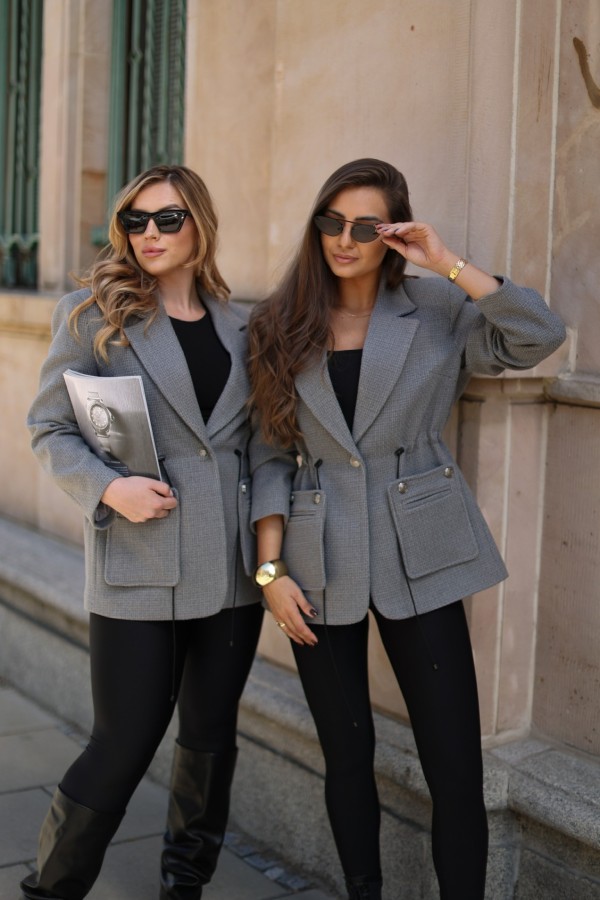 Tweedowy marynarko/płaszczyk Mia ściągany w talii szary