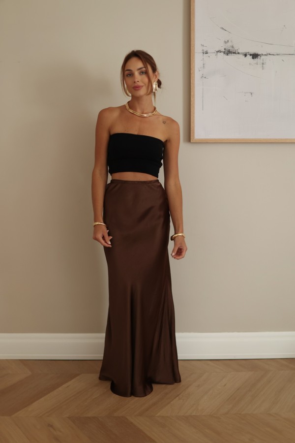 Spódnica satynowa maxi 100% wiskoza czekoladowa