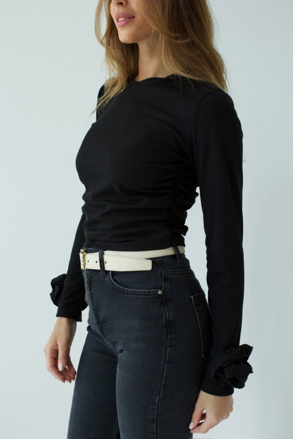 Bluzka z długim rękawem w prążek z różą czarna