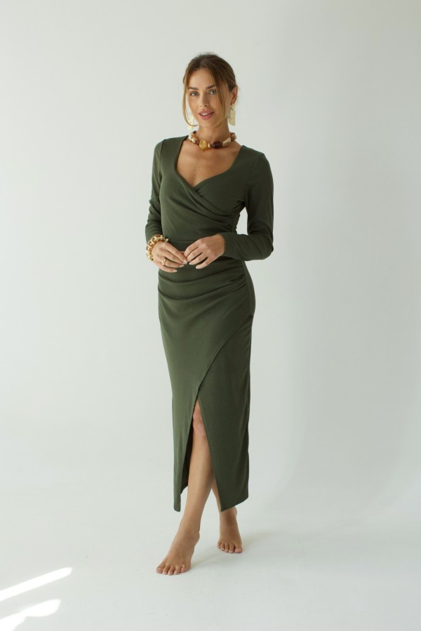 Sukienka Lizbona z wycięciem w prążek khaki