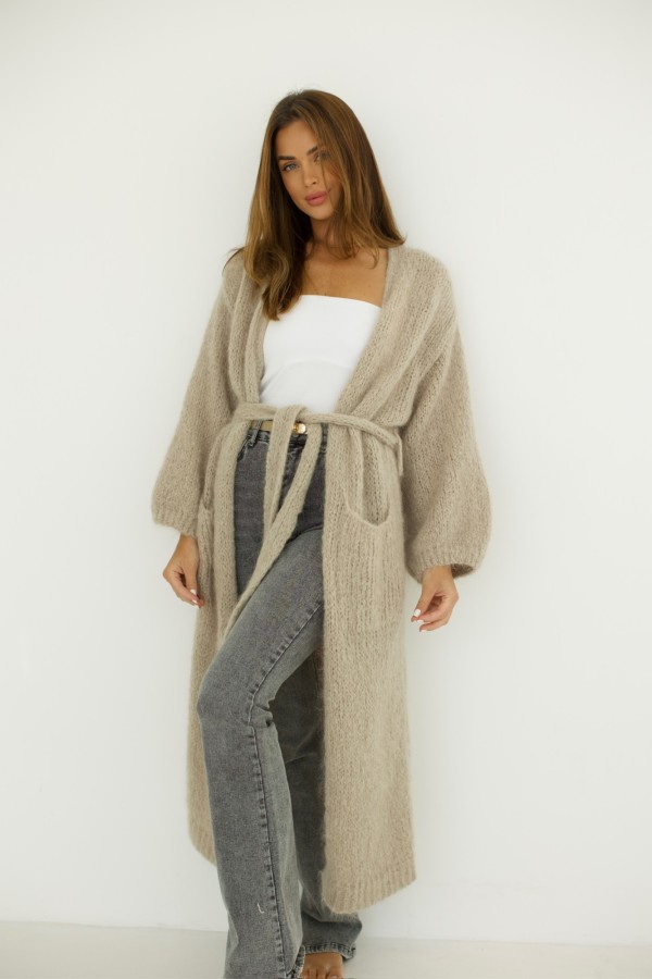 Kardigan długi z wiązaniem 55% moher beżowy