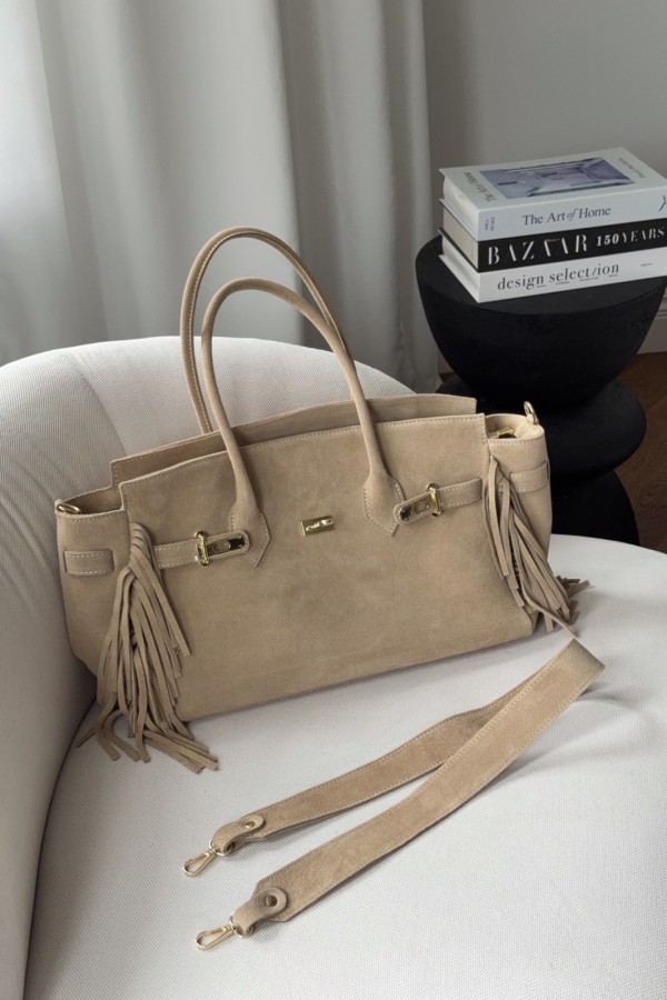 Torebka Holly z frędzlami zamszowa beżowa