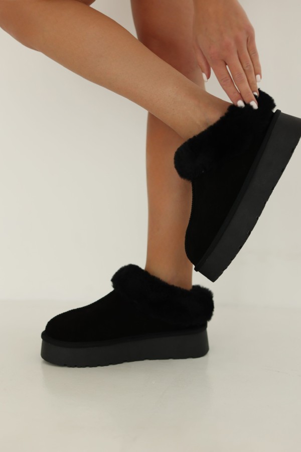 Skórzane Emu na platformie z naturalną wełną czarne