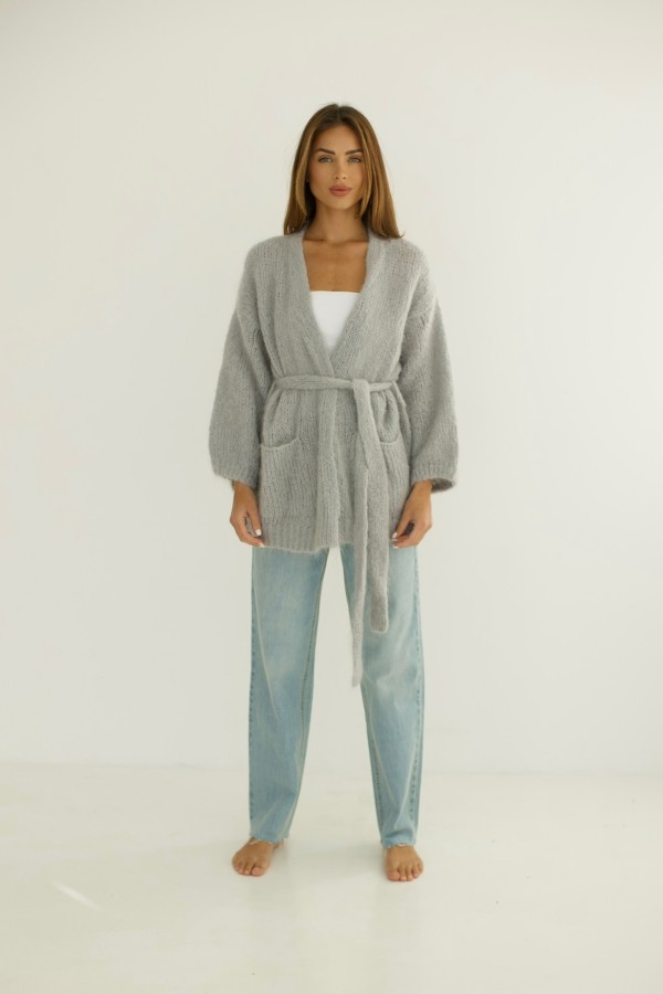 Kardigan z wiązaniem 55% moher jasno-szary