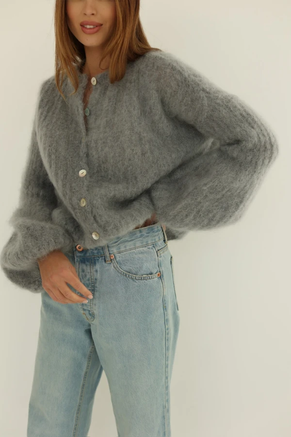 Sweter 81% kid mohair Audrey zapinany na guziki szary