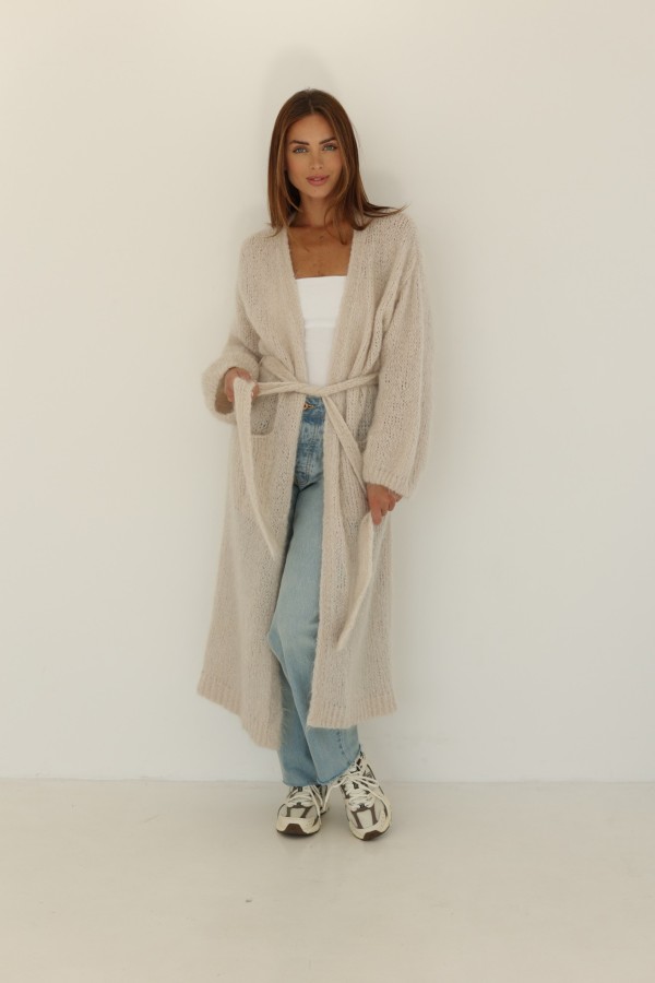 Kardigan długi z wiązaniem 55% moher jasno-beżowy