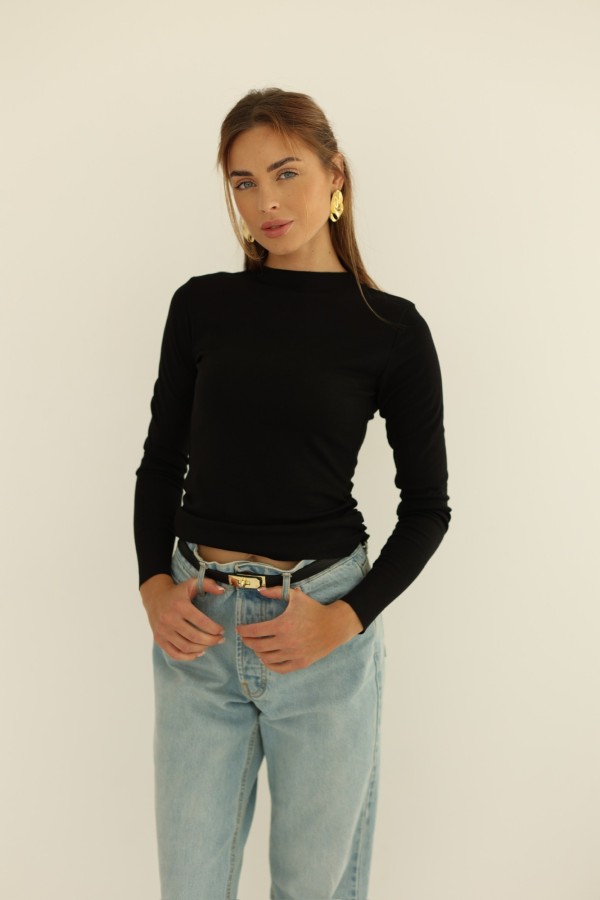 Bluzka z długim rękawem z marszczeniem z boku czarna