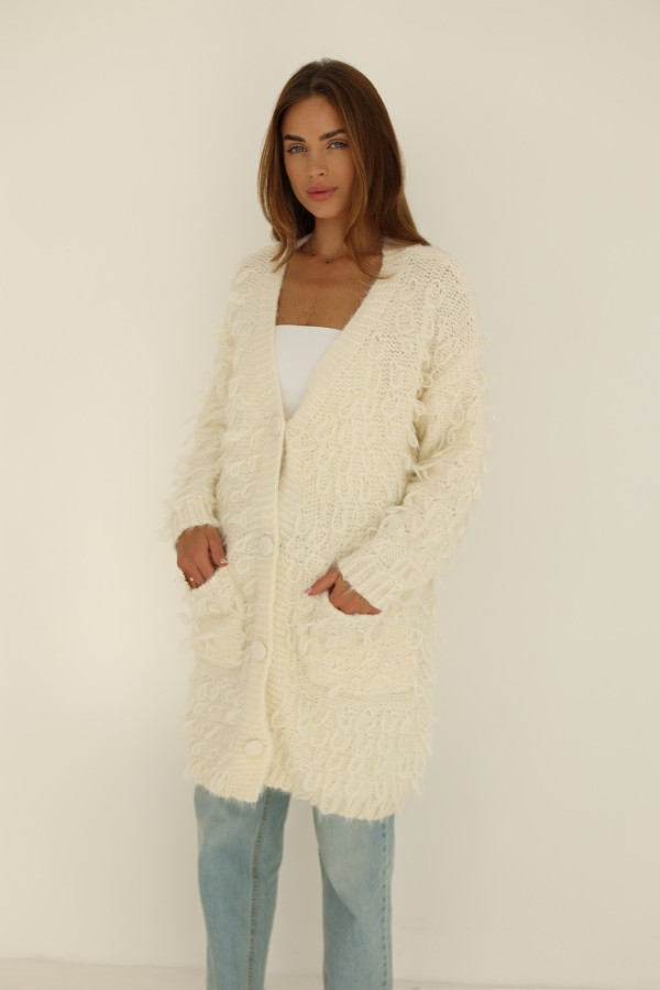 Kardigan z kieszeniami na guziki ecru