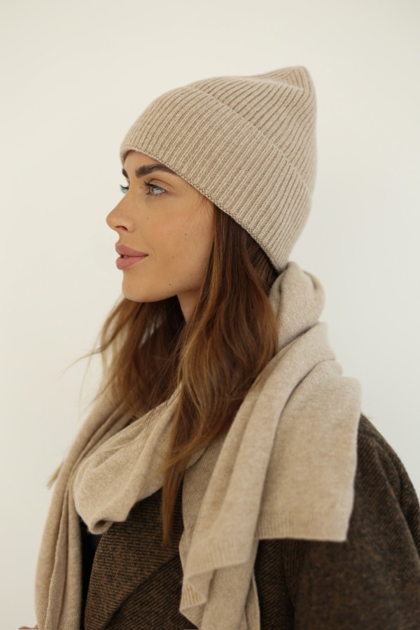 Komplet kaszmirowy czapka i szalik beżowy