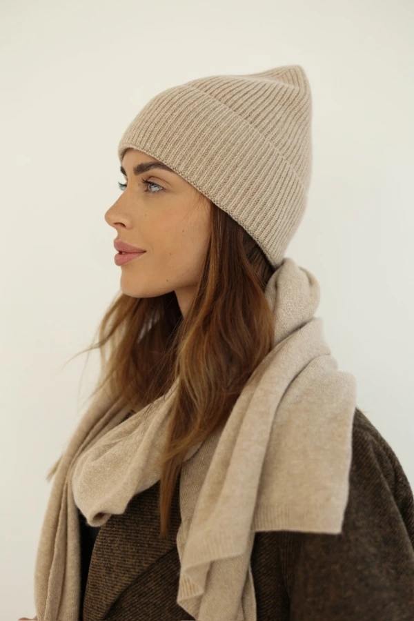 Komplet kaszmirowy czapka i szalik beżowy