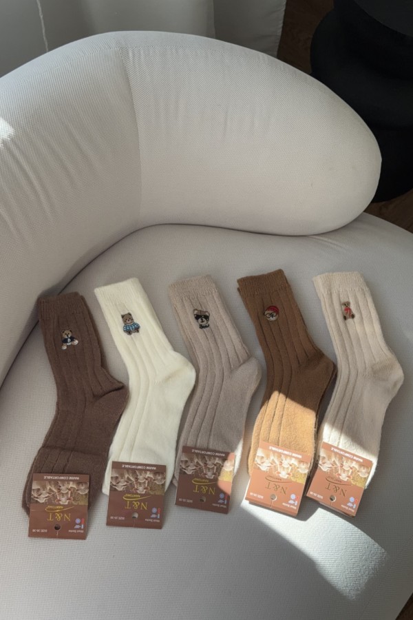 Skarpetki wełniane z haftem z misiem 5-pak