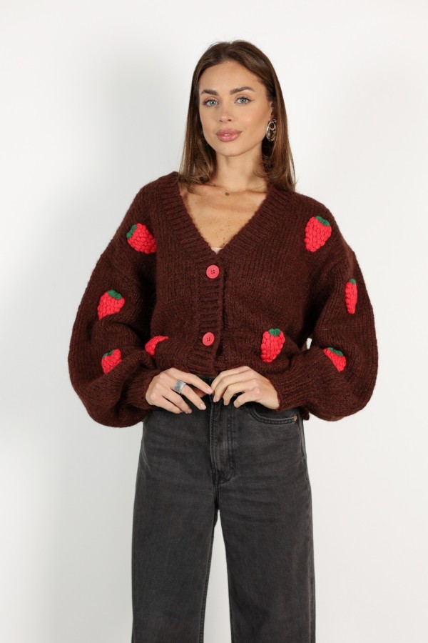 Kardigan w truskawki 3D w kolorze czekoladowym