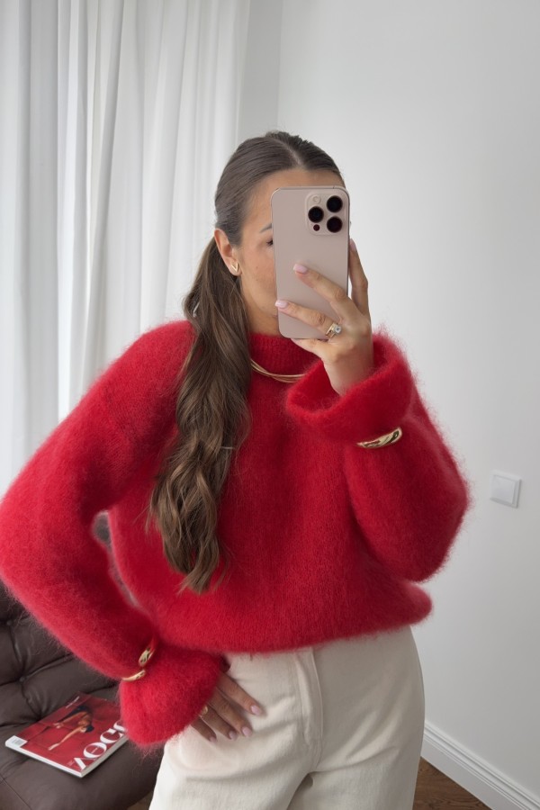 Sweter 81% kid mohair rękaw z falbanką czerwony