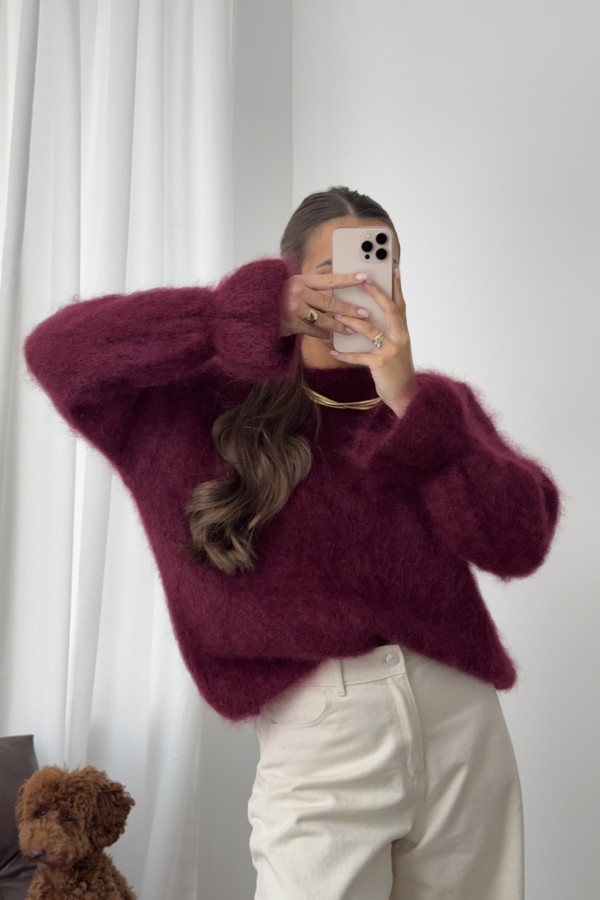 Sweter 81% kid mohair rękaw z falbanką bordowy