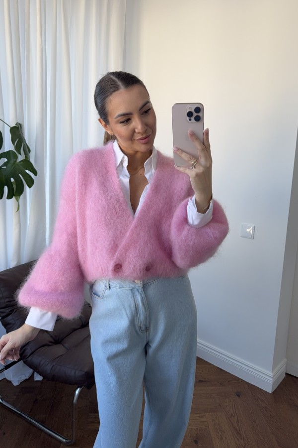 Krótki kardigan Lisa 81% kid mohair cukierkowy różowy