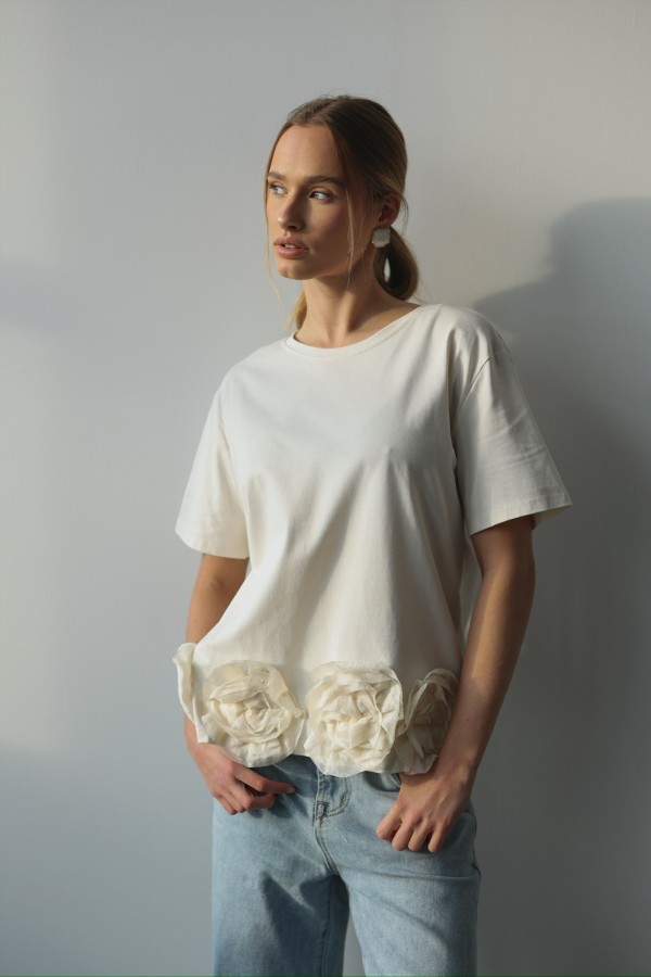 Bawełniana bluzka z różami kremowa