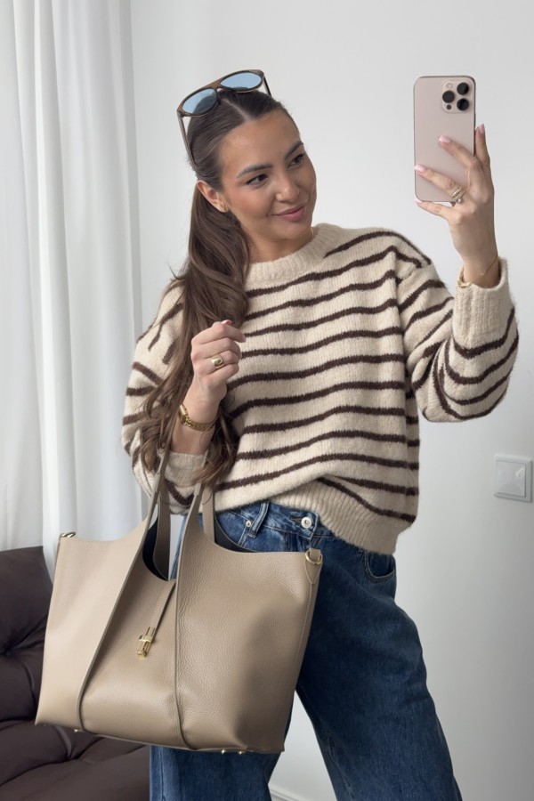 Sweter Malwa w paski beżowo-czekoladowy