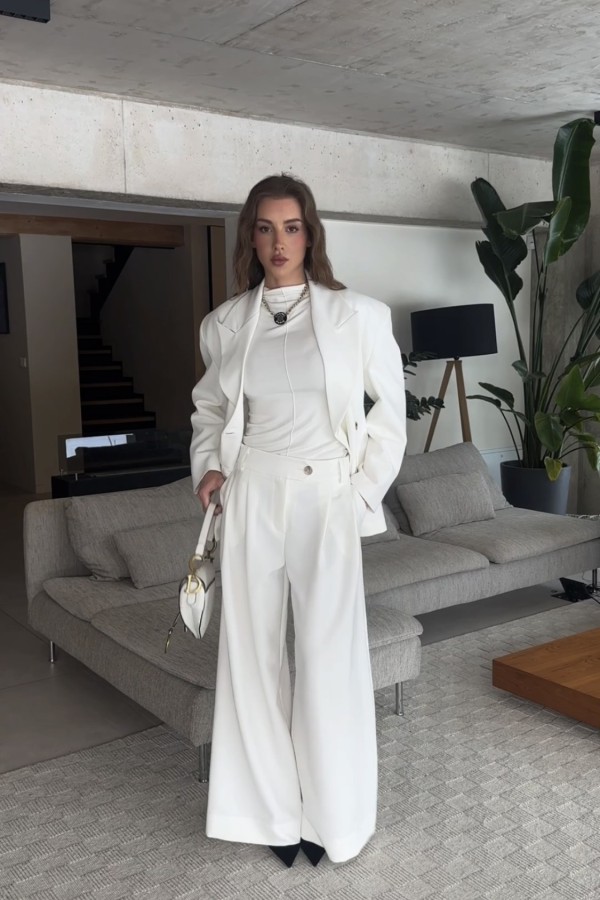 Spodnie garniturowe Viola z wysokim stanem i szeroką nogawką ecru