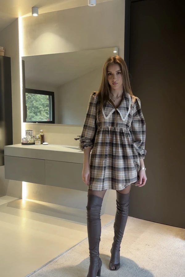 Sukienka z kołnierzem vintage brązowo-beżowa