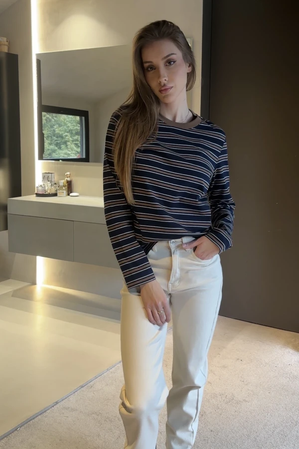 Bawełniany longsleeve w pasy granatowy