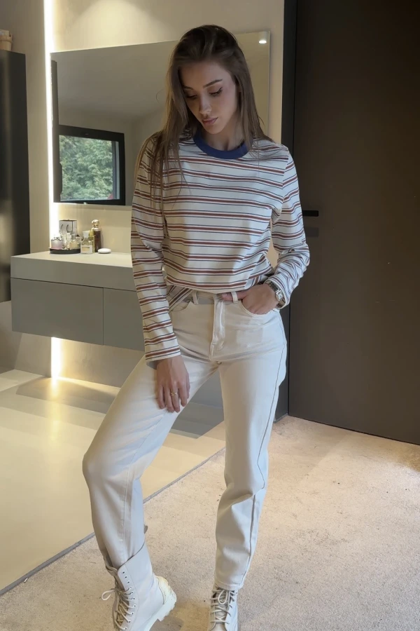 Bawełniany longsleeve w pasy kremowy