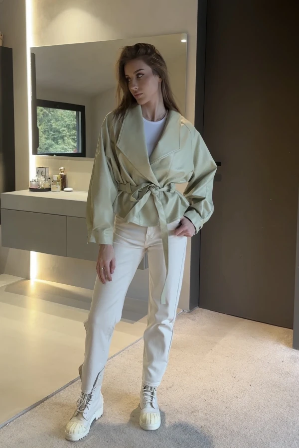 Kurtka skórzana z wiązaniem pistacjowa