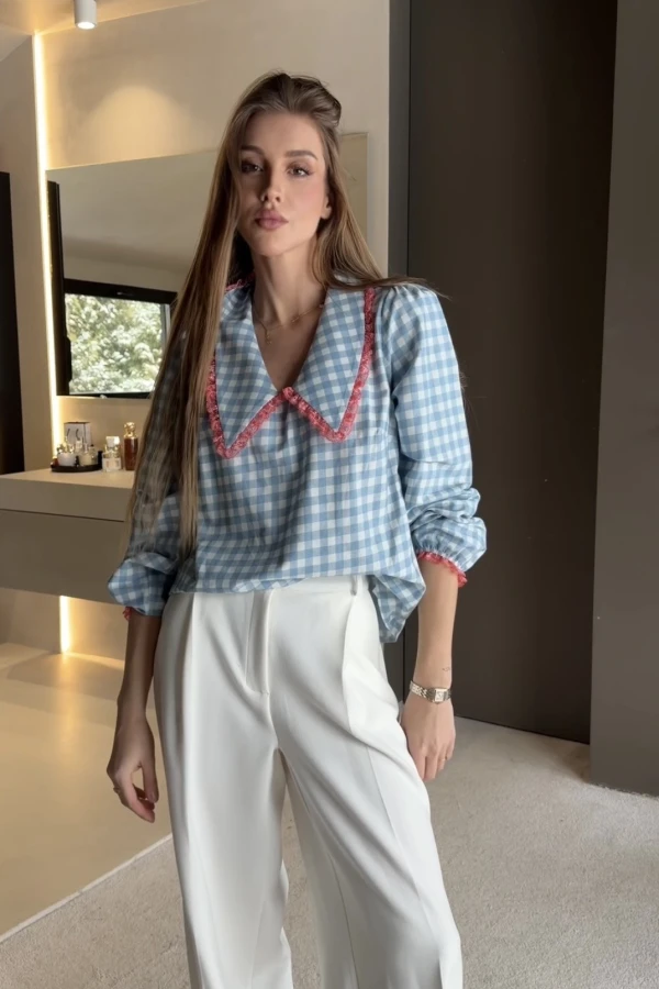 Koszula z kołnierzem vintage błękitna kratka