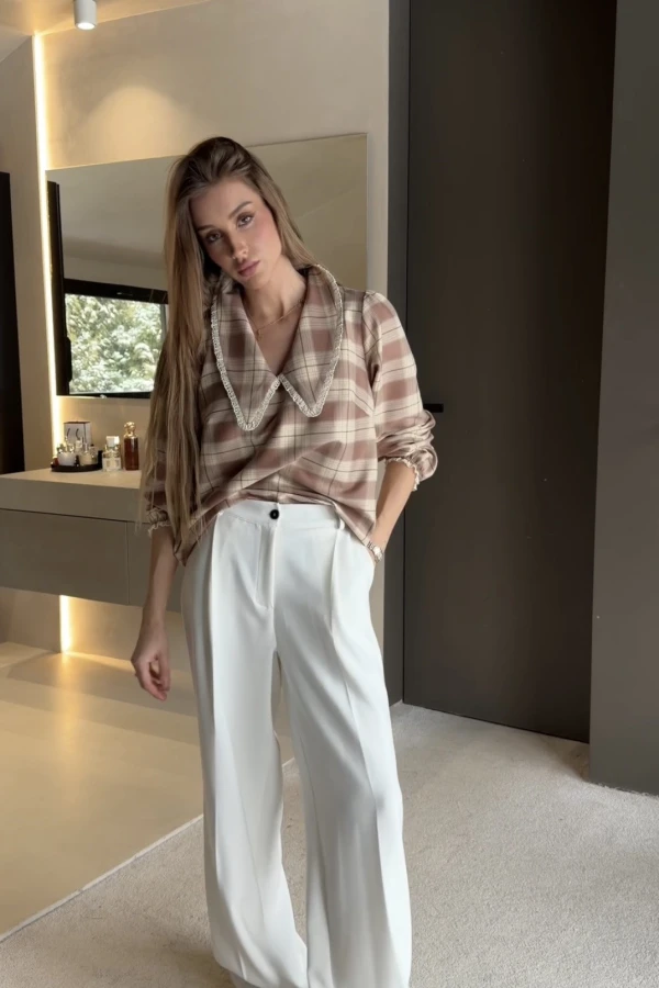 Koszula z kołnierzem vintage brązowo-beżowa