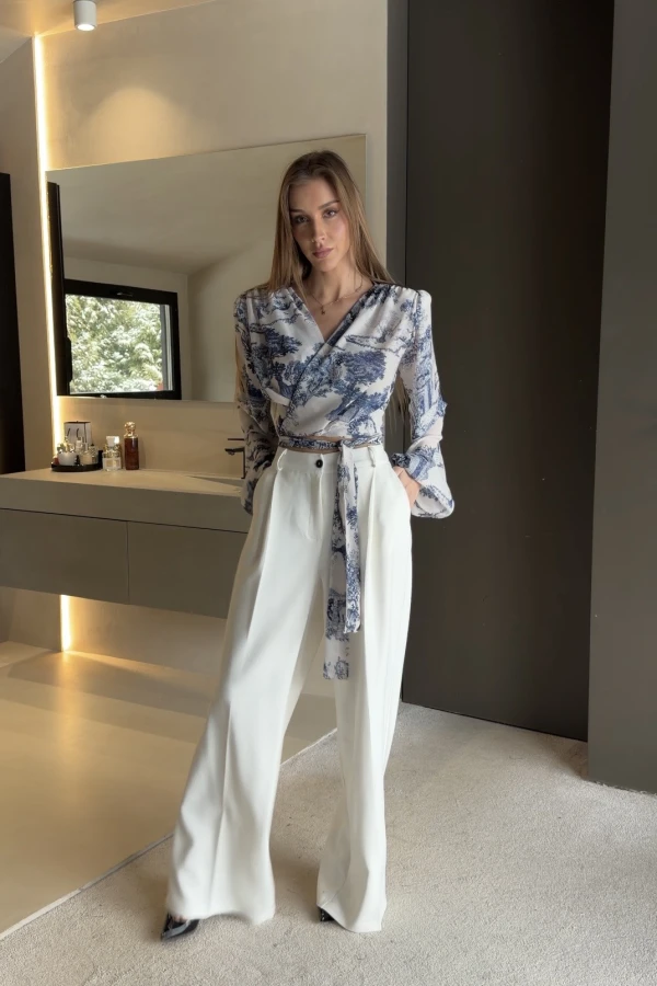 Spodnie wiskozowe Asa z szeroką nogawką ecru