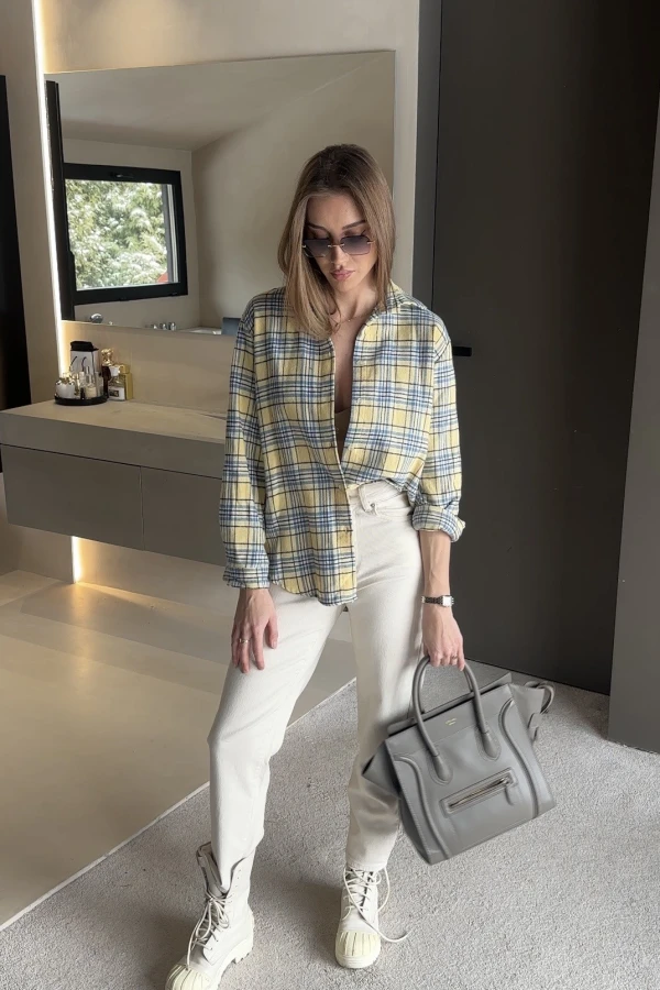 Koszula w kratę Adela 100% bawełna żółto-niebieska