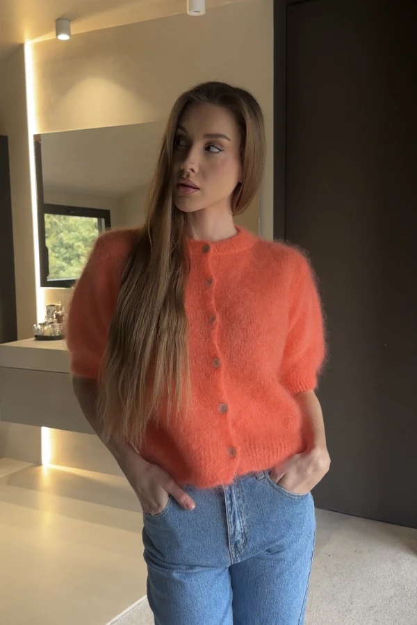 Kardigan na krótki rękaw 81% kid moher Elodie papaja