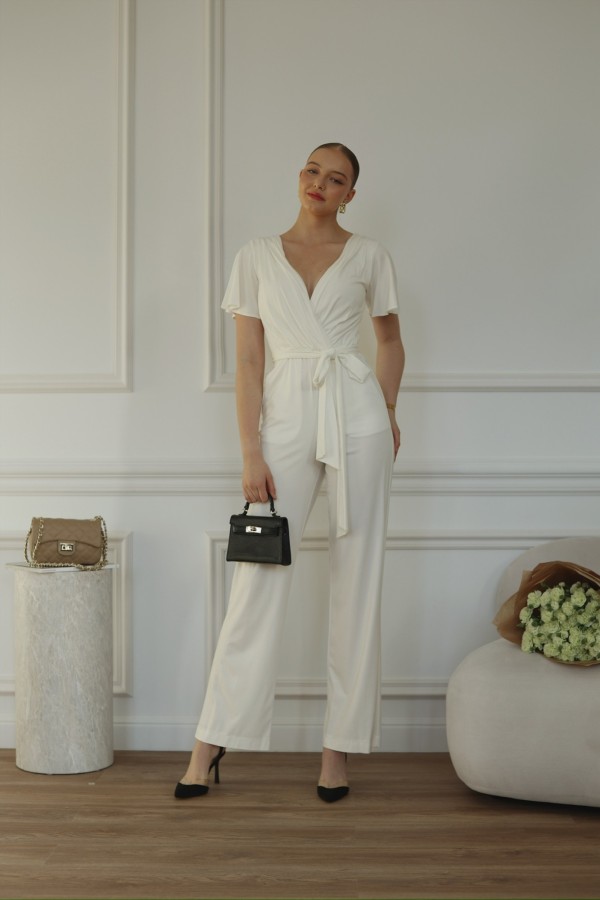 Długi damski kombinezon z kopertowym dekoltem Laney ecru