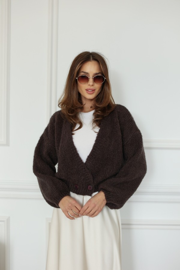 Krótki damski kardigan Lisa z moherem i wełną czekoladowy